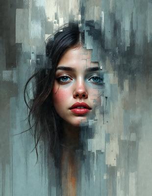 The primary subject of the image is a woman with red lips and blue eyes. She is looking directly at the camera, and her lips are slightly parted. The setting is a painting, and the visual style is a mix of digital art and illustration. The colors in the painting are predominantly blue and red, creating a striking and vibrant atmosphere.